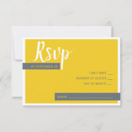 Moderne hedendaagse grijze en gele bruiloft met mi RSVP kaartje