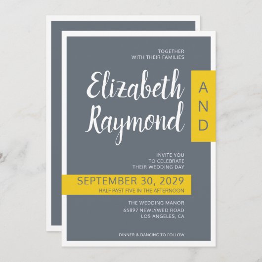 Moderne hedendaagse grijze en gele minimale bruilo kaart (Voorkant / Achterkant)