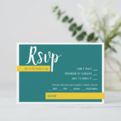 Moderne hedendaagse groene en gele bruiloft minima RSVP kaartje (Staand voorkant)