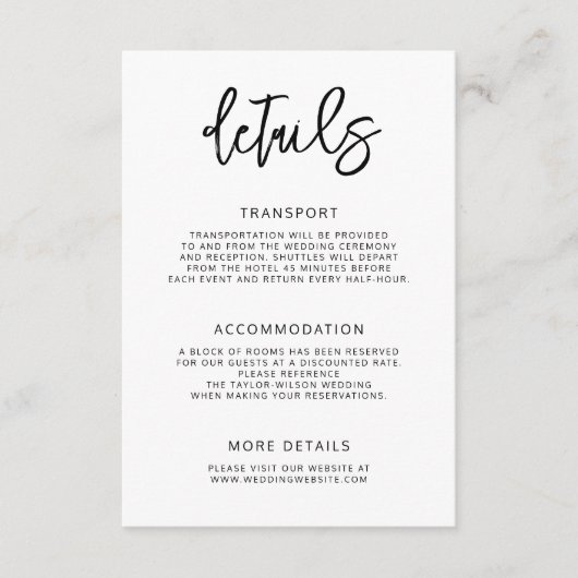 Moderne hedendaagse script bruiloft details informatiekaartje (Voorkant)