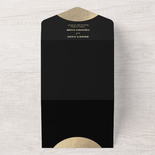 Moderne hedendaagse zwarte en gouden Abstracte bru All In One Uitnodiging (Buitenkant)