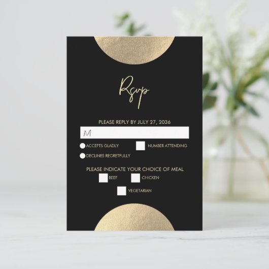 Moderne hedendaagse zwarte en gouden Abstracte bru RSVP Kaartje (Staand voorkant)