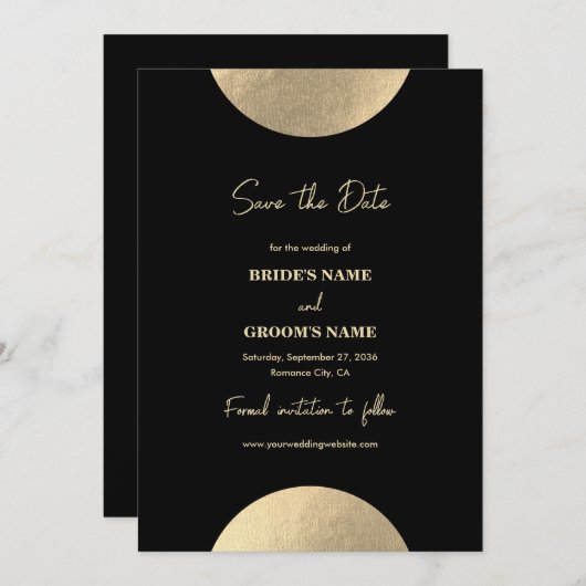 Moderne hedendaagse zwarte en gouden Abstracte bru Save The Date (Voorkant / Achterkant)