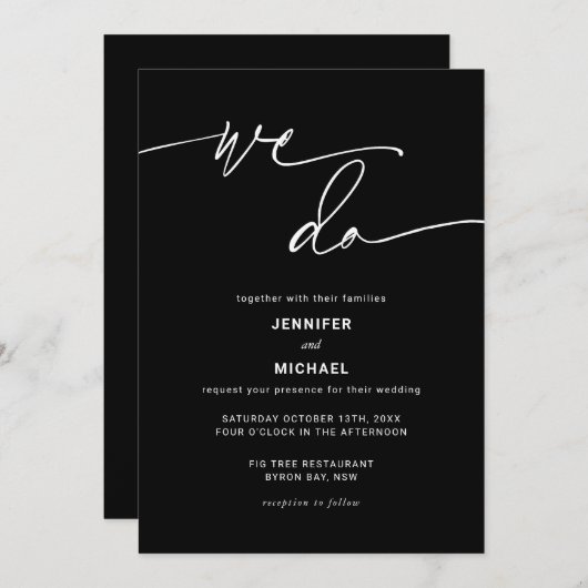 Moderne hedendaagse zwarte en witte bruiloft invit kaart (Voorkant / Achterkant)