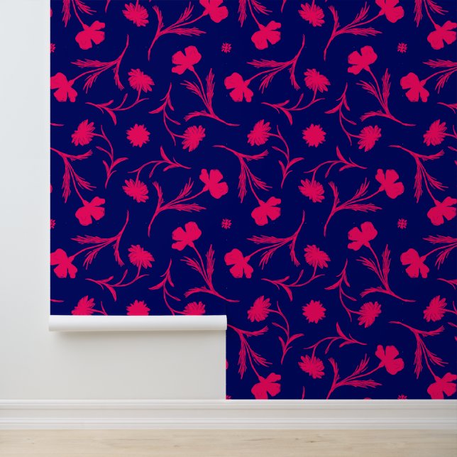 Moderne Heet Roze & Blauw Bloemen Vrijheidspatroon Behang (Applicatie)