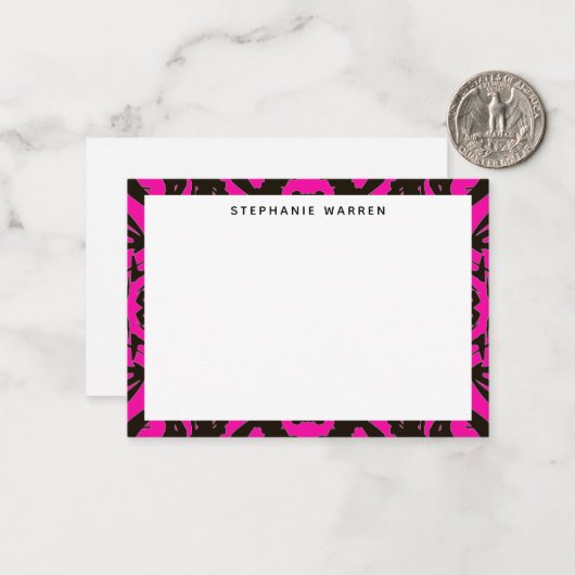 Moderne Heet Roze Decoratieve Rand Notitiekaartje (Voorkant / Achterkant in situ)