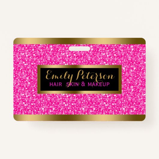 Moderne Heet Roze Faux Glitter Gouden Accenten Badge (Achterkant)