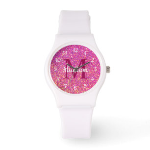 Moderne Heet Roze Glitter Monogram Meisjes Custom Horloge