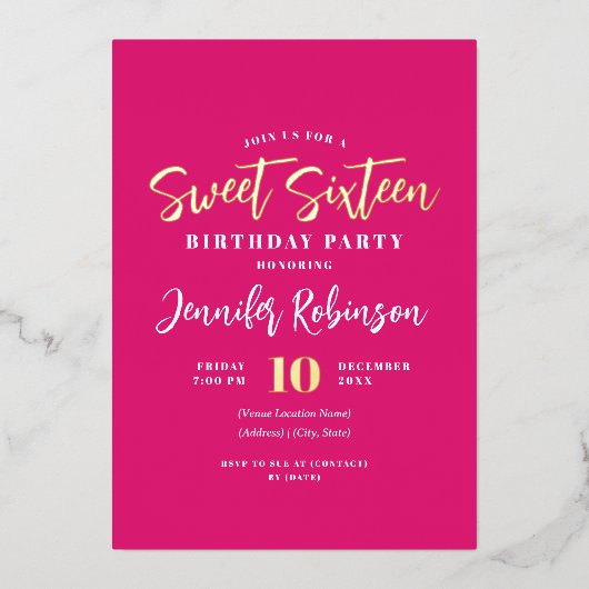 Moderne Heet Roze Goud Foto Zoet 16 Zestien Folie Uitnodiging (Voorkant)