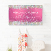 Moderne Heet Roze Holografische Faux Glitter Monog Spandoek (Insitu)