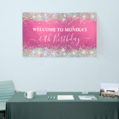 Moderne Heet Roze Holografische Faux Glitter Monog Spandoek (Beurs)