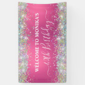 Moderne Heet Roze Holografische Faux Glitter Monog Spandoek (Verticaal)