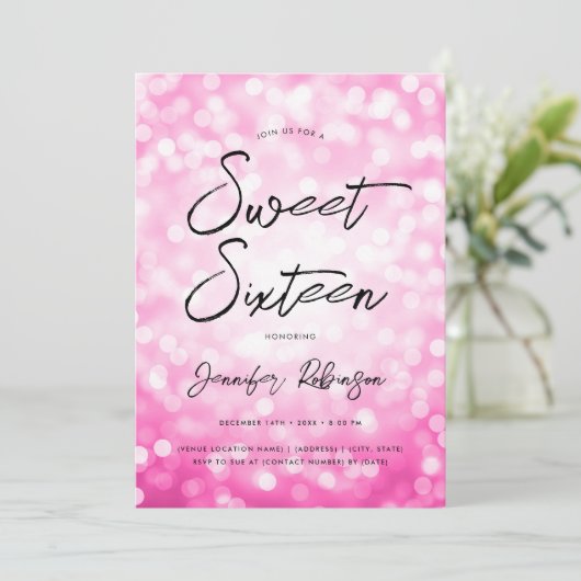 Moderne Heet Roze Lichten Foto Sweet 16 Party Kaart (Staand voorkant)