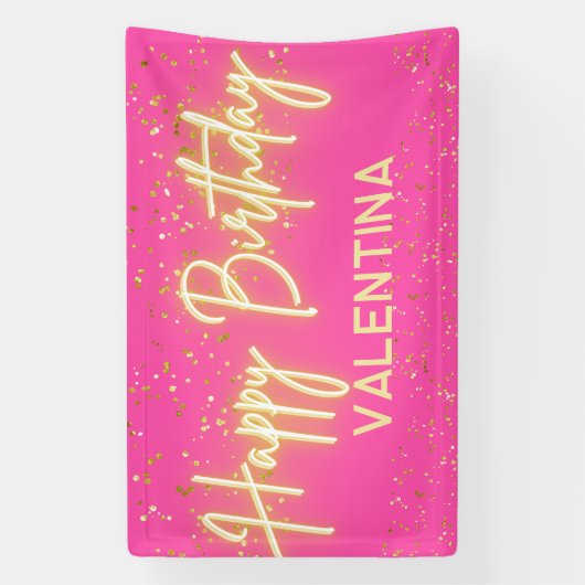 Moderne Heet Roze Neon Glow Gelukkig Verjaardagsfe Spandoek (Verticaal)