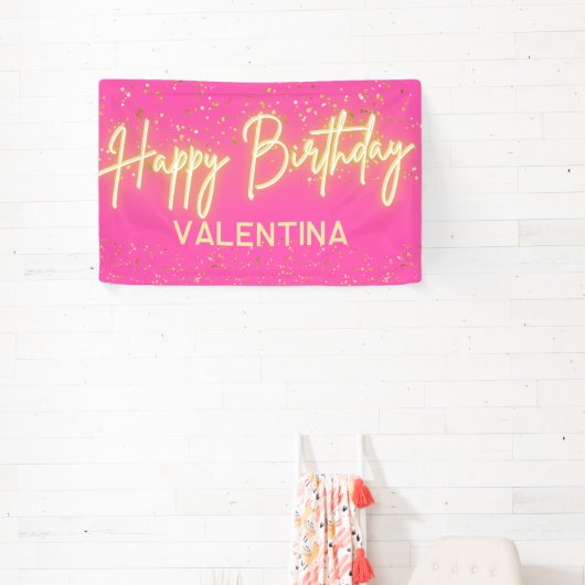 Moderne Heet Roze Neon Glow Gelukkig Verjaardagsfe Spandoek (Insitu)