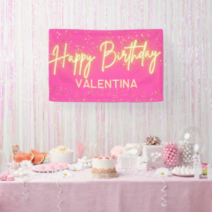 Moderne Heet Roze Neon Glow Gelukkig Verjaardagsfe Spandoek
