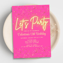 Moderne Heet Roze Neon Glow Laten we Feest Verjaar