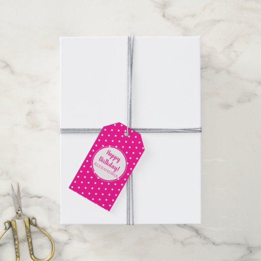 Moderne Heet Roze Polka Dots Gelukkige Verjaardag Cadeaulabel (Met Touw)