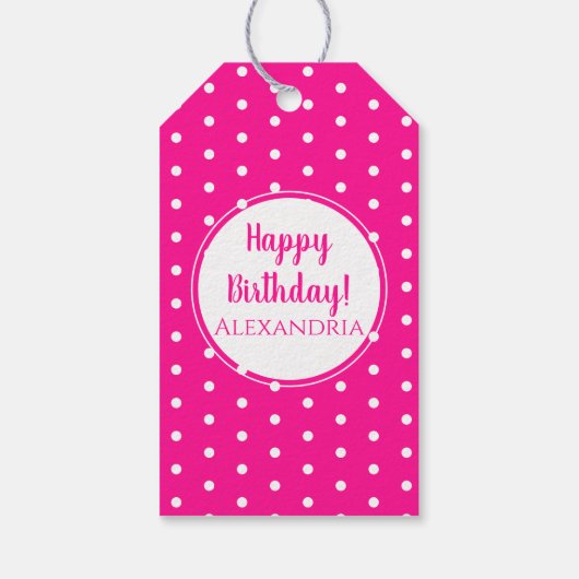 Moderne Heet Roze Polka Dots Gelukkige Verjaardag Cadeaulabel (Achterkant)