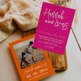 Moderne Heet Roze Vette Foto Bruiloft Uitnodiging