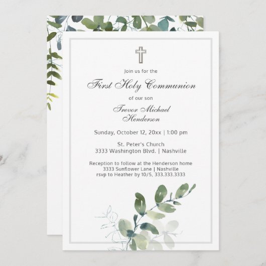 Moderne Heilige Communie Eucalyptus Greenery Kaart (Voorkant / Achterkant)