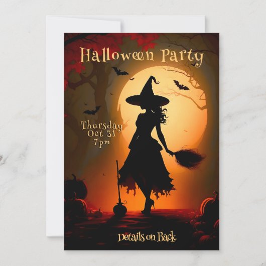 Moderne heks silhouet bezem Halloween Party Kaart (Voorkant)