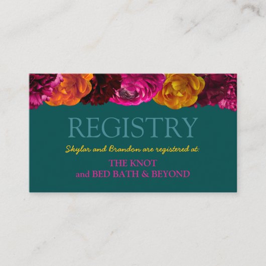 Moderne helder roze groene bloemen bruiloft regist informatiekaartje (Voorkant)