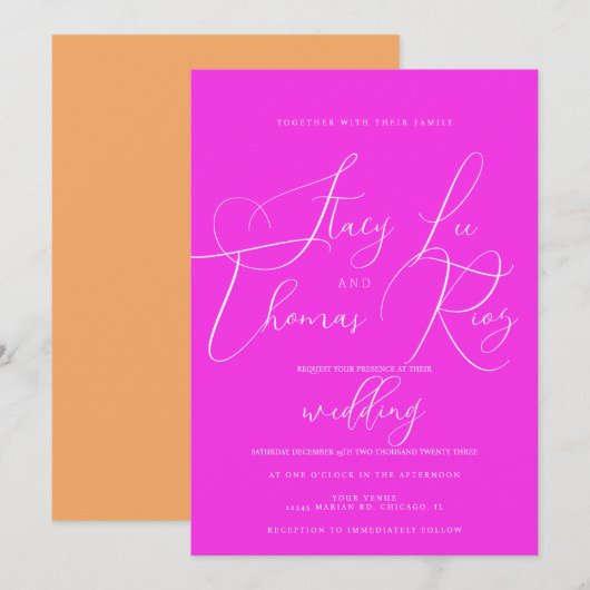 Moderne Helder Roze Oranje Mooie Script Bruiloft Kaart (Voorkant / Achterkant)