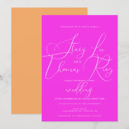 Moderne Helder Roze Oranje Mooie Script Bruiloft Kaart