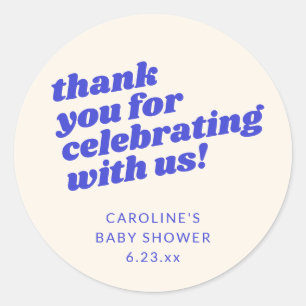 Moderne helderblauwe retro baby shower bedankt ronde sticker