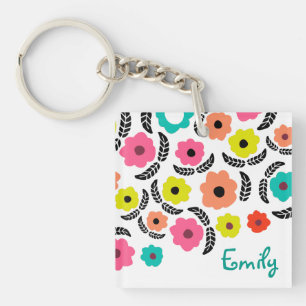 Moderne heldere bloemen en zwart blad gepersonalis sleutelhanger