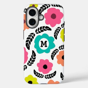 Moderne heldere bloemen en zwart bladmonogram iPhone 16 hoesje