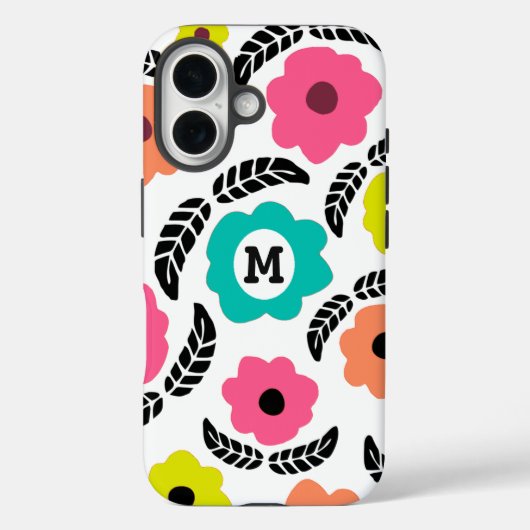 Moderne heldere bloemen en zwart bladmonogram Case-Mate iPhone case (Achterkant)