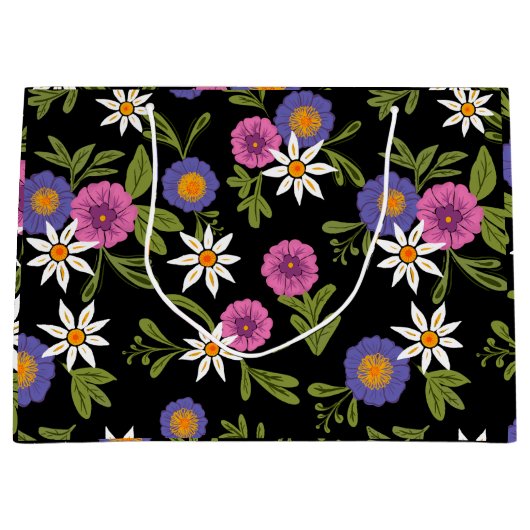 Moderne heldere bloemen op zwarte achtergrond Cade Groot Cadeauzakje (Voorkant)