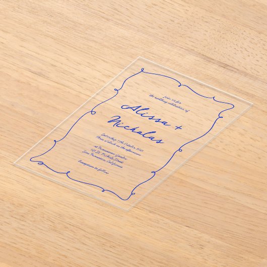 Moderne Heldere Hand Getrokken Blauwe Grens Huweli Acryl Uitnodigingen (Laagn)