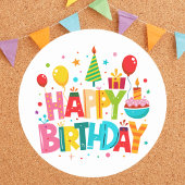 Moderne heldere kleurrijke klassieker Happy Birthd Ronde Sticker