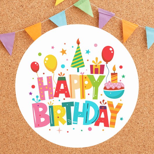 Moderne heldere kleurrijke klassieker Happy Birthd Ronde Sticker