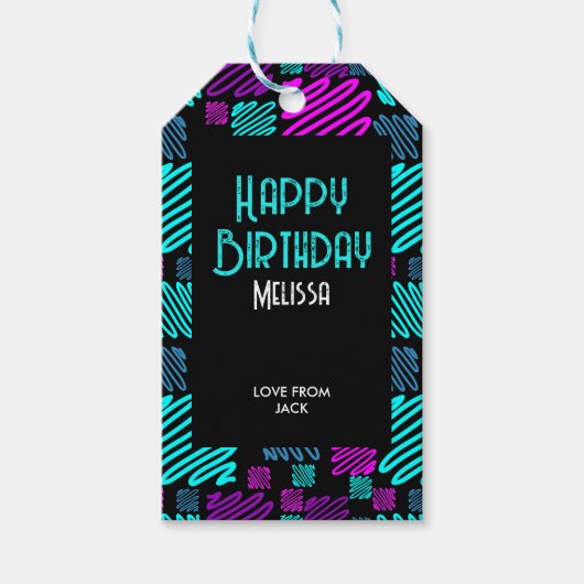 Moderne Heldere Neon Geometrische Patroon Verjaard Cadeaulabel (Voorkant)