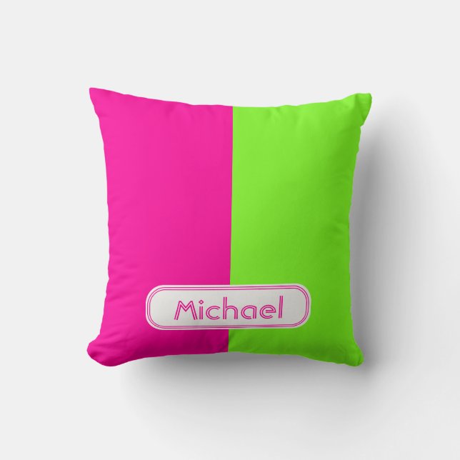Moderne, heldere Neon Roze Groene Monogram Kussen (Voorkant)