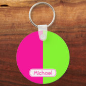 Moderne, heldere Neon Roze Groene Monogram Sleutelhanger (Voorkant)