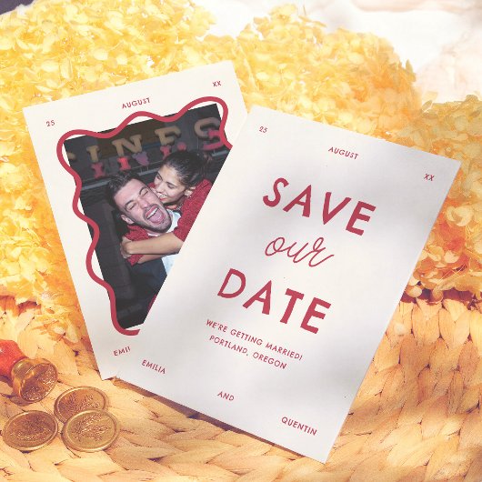 Moderne heldere retro golvende lijst foto bruiloft save the date