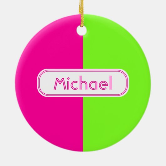 Moderne, heldere, roze, groene monogram keramisch ornament (Achterkant)