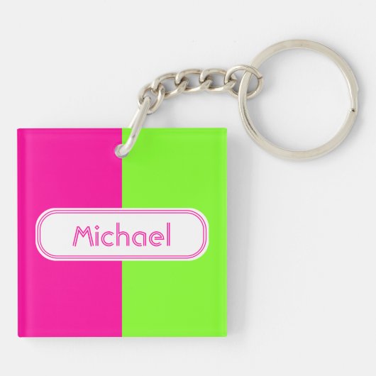 Moderne, heldere, roze, groene monogram sleutelhanger (Achterkant)