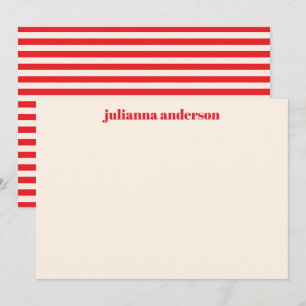 Moderne helderrode gestreepte naam met vet lettert notitiekaartje