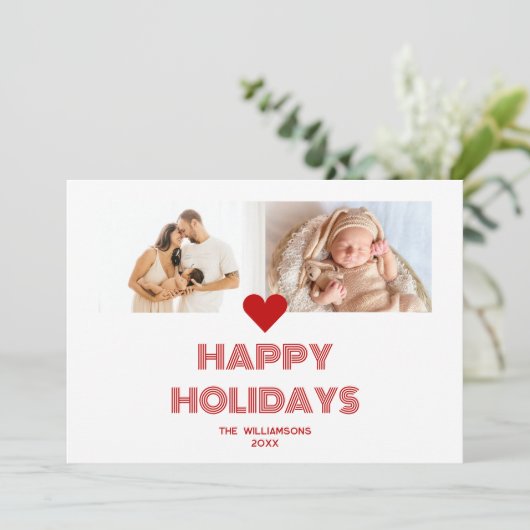 Moderne helderrode vrolijke feestdagen 2 foto's feestdagenkaart (Staand voorkant)