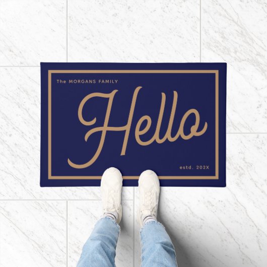Moderne Hello Blue Gold Script Familienaam Deurmat (Binnen)
