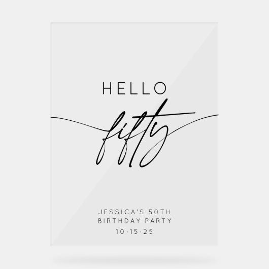 Moderne Hello Fifty 50ste verpartij Welcome Acryl Bord (Voorkant)