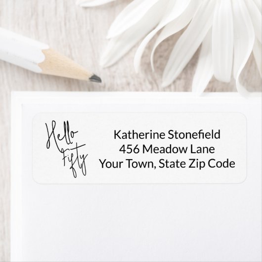 Moderne Hello Fifty Script 50e verjaardagsfeestje Etiket (Insitu)