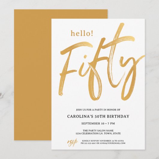 Moderne 'Hello Fifty' vijftigste verjaardagsuitnod Kaart (Voorkant / Achterkant)