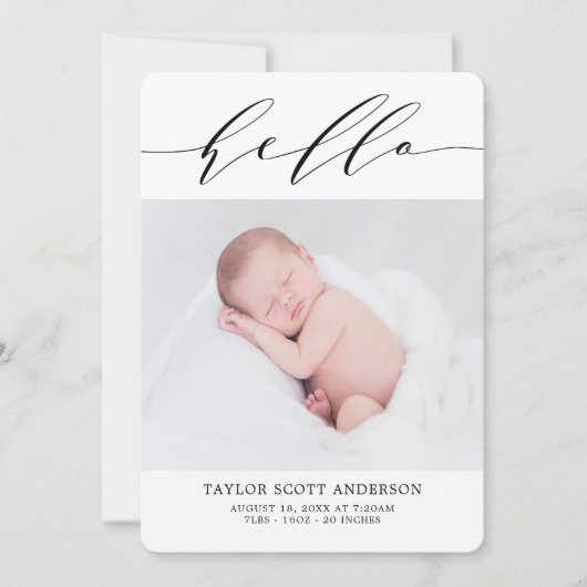Moderne Hello Script Foto Geboorteaankondigingskaa Kaart (Voorkant)